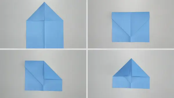 Schritt-für-Schritt-Anleitung zum Papierflieger basteln: Vier Ansichten zeigen, wie aus blauem Papier ein Flugzeug entsteht.