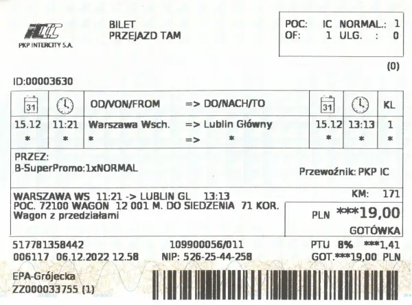 Bilet PKP Intercity: seria 517781358442, numer 006117. Podróż z Warszawy Wsch. do Lublina Głównego.