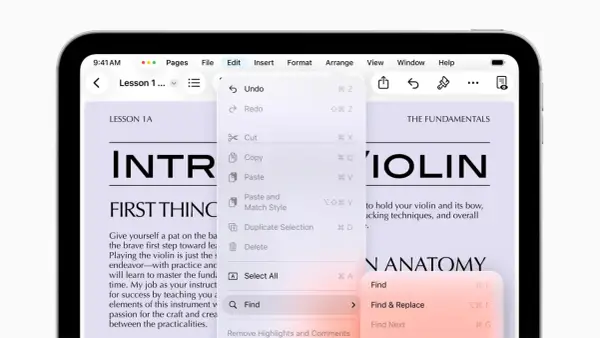 Na ekranie iPada z systemem iPadOS 26 widać menu Edycja z opcjami Undo, Redo, Cut, Copy, Paste i Find.