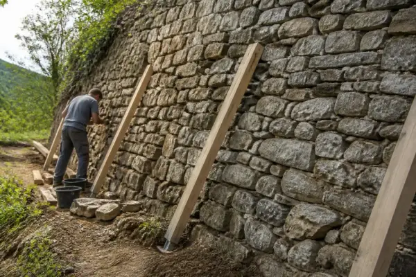 Un homme travaille à comment consolider un mur en pierre, utilisant des étais en bois pour soutenir la structure ancienne.