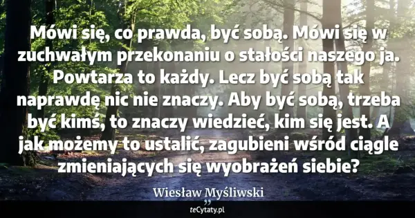 Las skąpany w słońcu. Cytat: "Aby być sobą, trzeba być kimś, to znaczy wiedzieć, kim się jest. A jak możemy to ustalić, zagubieni wśród ciągle zmieniających się wyobrażeń siebie?" Wiesław Myśliwski. Wiem że nic nie wiem.