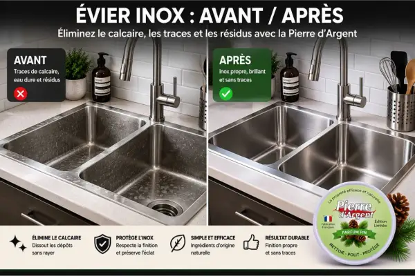 Avant/après d'un évier inox : le nettoyage de la cuve inox révèle un éclat sans traces grâce à la Pierre d'Argent.