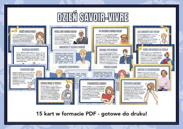Zasady savoir vivre jak czytać. Grafika przedstawia 15 kart z poradami dotyczącymi dobrych manier, od zachowania przy stole po pisanie e-maili.