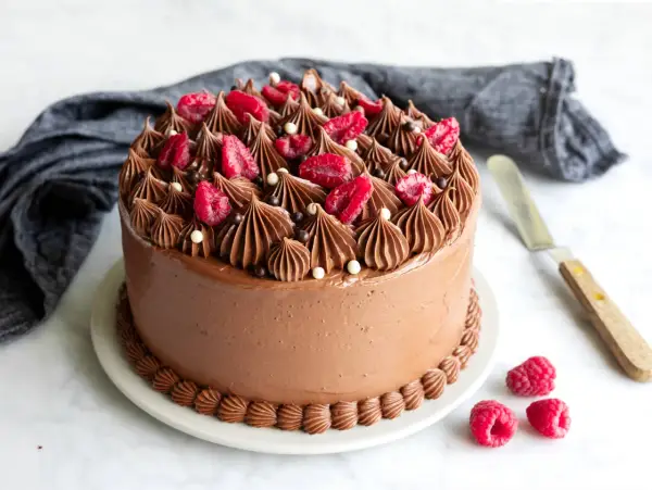 En lyxig tårta med chokladbotten, toppad med chokladfrosting, färska hallon och chokladkulor. Perfekt för alla chokladälskare!
