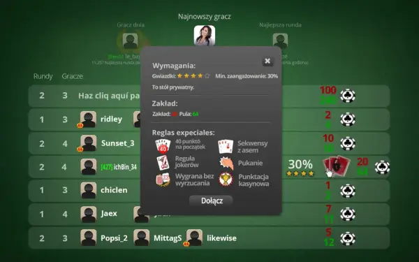 Gra w pokera online. Na ekranie widać okno z zasadami gry, w tym figury w kartach, takie jak sekwensy czy jokery.
