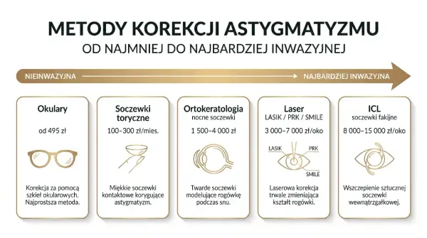 Metody korekcji astygmatyzmu: okulary, soczewki, ortokorekcja, laser, ICL. Od najmniej do najbardziej inwazyjnej, zależnie od wieku i potrzeb.