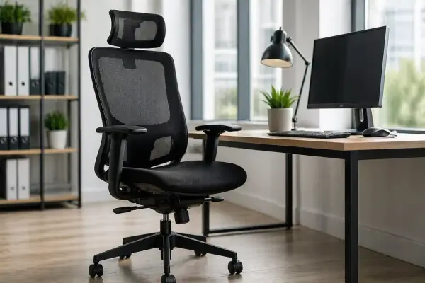 Ergonomiczne krzesło biurowe z siatki, idealne do pracy przy biurku, gdzie liczy się komfort i swoboda, czyli **odpowiadanie z wolnej stopy**.