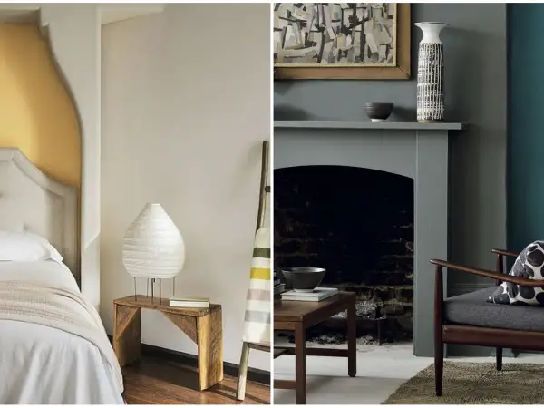 Dormitorio con cama y mesita, y salón con chimenea y sillón. El negro y gris combinan en la decoración, creando un ambiente moderno.
