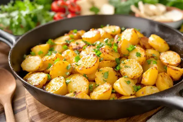 Poêlée de pommes de terre sautées, dorées et parsemées de persil frais, dans une poêle en fonte. Un délice simple et savoureux.