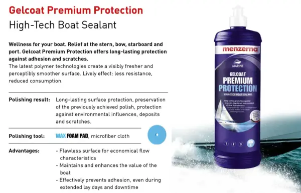 Menzerna Gelcoat Premium Protection, en högteknologisk båtförsegling som ger långvarigt skydd mot vidhäftning och repor.