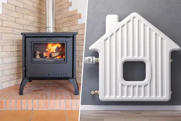 Poêle à bois et radiateur en forme de maison, symbolisant le raccordement poêle bouilleur chauffage central pour un confort optimal.