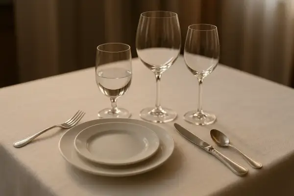 Trois verres à pied sur une table dressée. Quel côté verre à eau est le plus rempli ? Une assiette, une fourchette, un couteau et une cuillère complètent la mise en place.