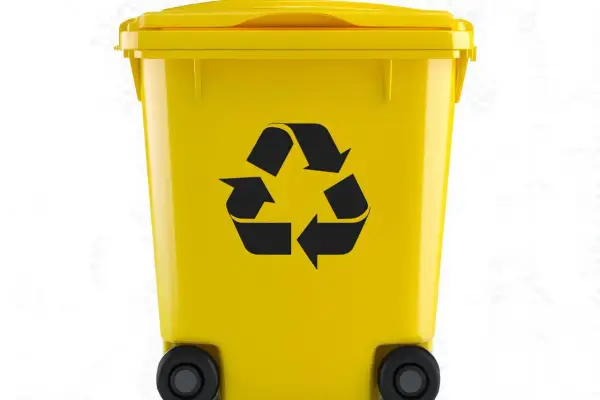 Żółty kosz na śmieci z symbolem recyklingu. Pamiętaj o segregacji, by ułatwić recykling aluminium.
