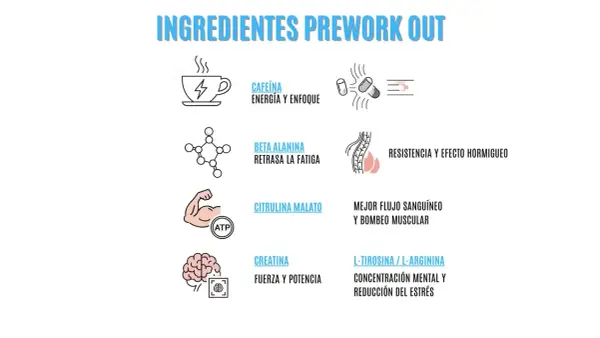 Ingredientes de pre-workout: cafeína para energía, beta alanina para retrasar fatiga, citrulina malato para mejor flujo sanguíneo, creatina para fuerza y L-tirosina/L-arginina para concentración.