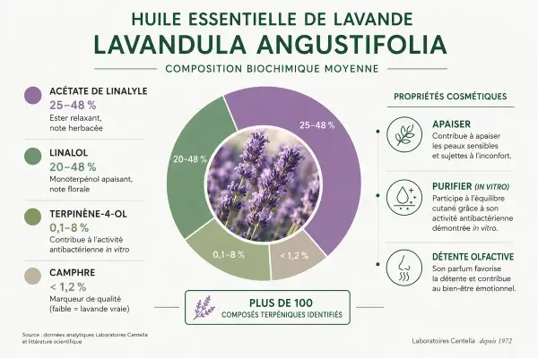 Infographie sur l'huile essentielle de lavande, détaillant sa composition et ses bienfaits : apaisant, purifiant et relaxant.