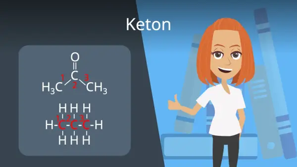 Chemische Formel für Keton (Aceton) mit nummerierten Kohlenstoffatomen. Eine lächelnde Frau gibt Daumen hoch.
