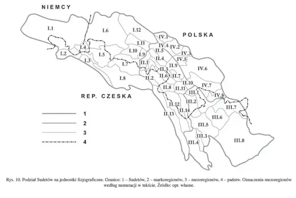 Podział gór w Polsce: mapa Sudetów z zaznaczonymi mezoregionami i granicami państwowymi.