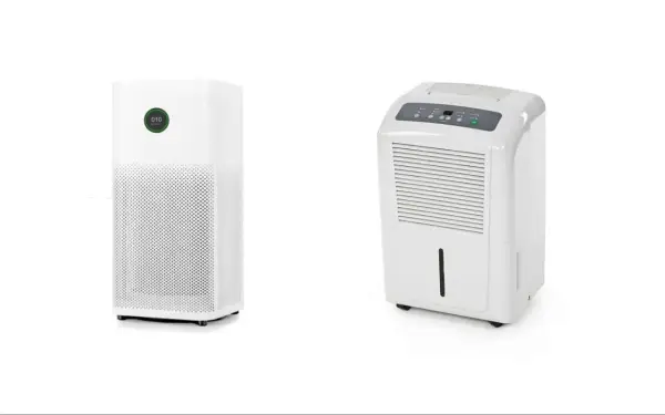 Dos aparatos blancos: un purificador de aire y un deshumidificador que elimina la humedad.