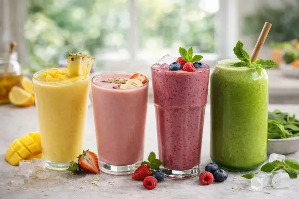 Cuatro batidos de frutas coloridos: amarillo, rosa, morado y verde, decorados con frutas frescas y menta.