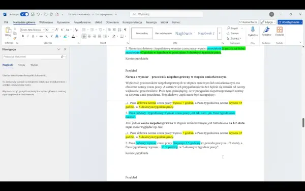 Fragment dokumentu tekstowego z zaznaczonymi fragmentami tekstu dotyczącymi norm czasu pracy.