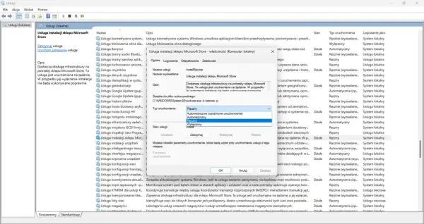 Wyłączanie usługi instalacji sklepu Microsoft Store w celu **windows 11 debloat**.