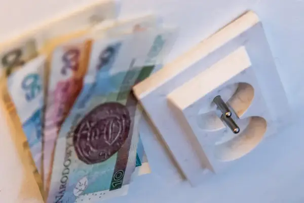 Pieniądze leżą obok gniazdka elektrycznego. Czy to symbolizuje pge brak faktury i rachunków do zapłaty?