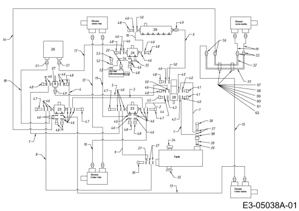 Hydraulikschaltplan für einen Holzspalter mit Ölmotoren, Zylindern und Tank.