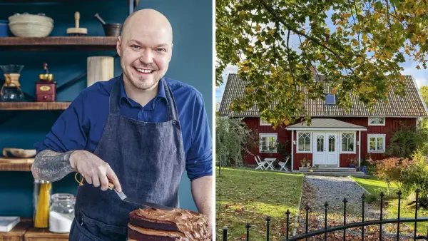 Fredriks fika: En glad bagare med en chokladtårta och ett rött hus i höstsol.