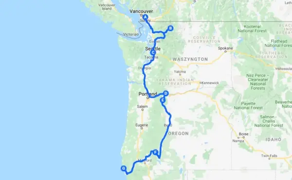 Trasa podróży przez kraje Ameryki Północnej: Vancouver, Seattle, Portland, Oregon. Widoczne też części Waszyngtonu i Idaho.