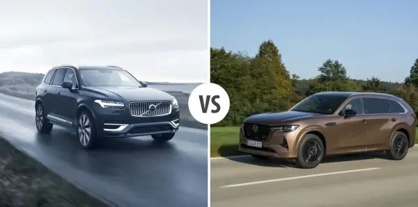 Porównanie Volvo XC90 i nowego SUV-a Mazda CX-60. Dwa luksusowe auta na drodze.