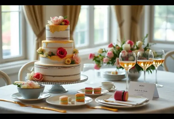 Un magnifique gâteau à trois étages orné de fleurs et de dorures, prêt pour un repas mariage. Des macarons et des coupes de champagne complètent la scène.