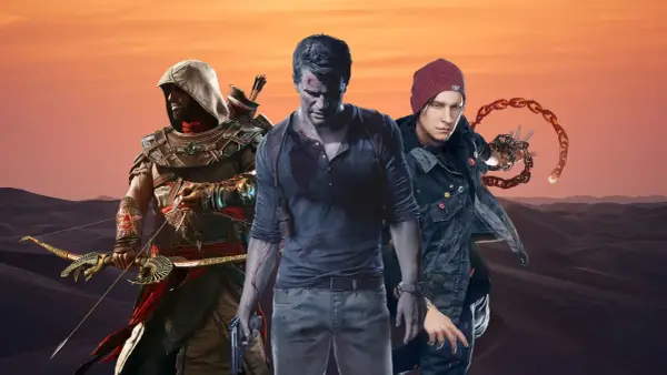 Trzech bohaterów gier: Bayek z Assassin's Creed Origins, Nathan Drake z Uncharted i Delsin Rowe z Infamous Second Son, na tle pustyni. Idealne dla fanów gier podobnych do Uncharted.
