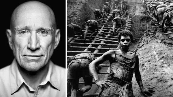 Ritratto di un uomo calvo e un gruppo di persone che scalano una ripida scala di legno. Foto celebri che raccontano storie di vita.