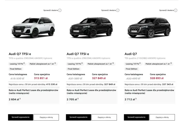 Trzy modele Audi Q7: biały TFSI e, czarny TFSI e i czarny TDI. Sprawdź audi q7 cena i oferty leasingu.