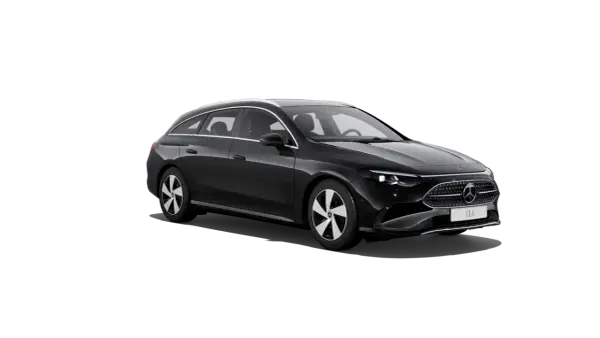 Czarne kombi Mercedes-Benz CLA Shooting Brake na czarnym tle.