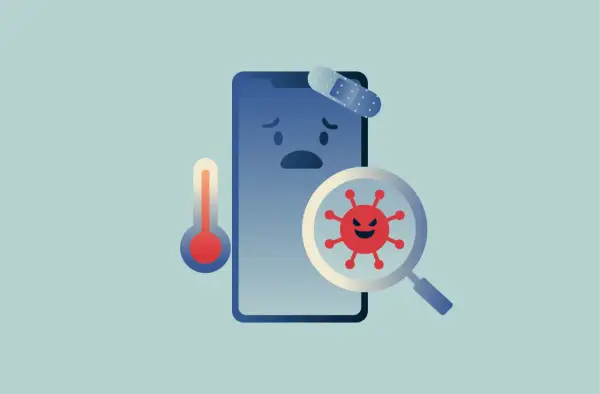 Trauriges Smartphone mit Pflaster, Thermometer und Lupe, die ein böses Virus zeigt. Das ist Scareware, die Angst macht.