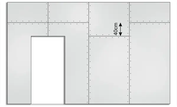 Schemat przedstawia fragment ściany z płyt gipsowo-kartonowych, z zaznaczonymi wymiarami płyty gk 40cm.
