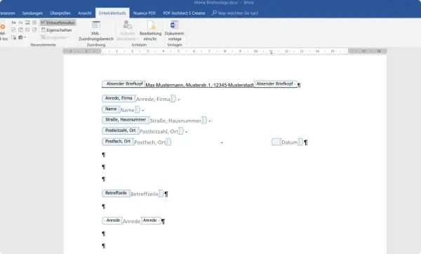 Word-Dokument mit einer din brief vorlage, die Felder für Absender, Empfänger und Betreff enthält.