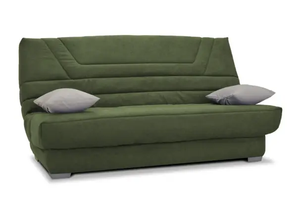 Canapé convertible vert kaki, deux coussins gris, taille clic clac standard. Parfait pour un petit espace.