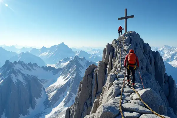 Wspinacze na skalnej grani, pokonując trudną kolejkę na Giewont. W tle rozciągają się ośnieżone szczyty Tatr.
