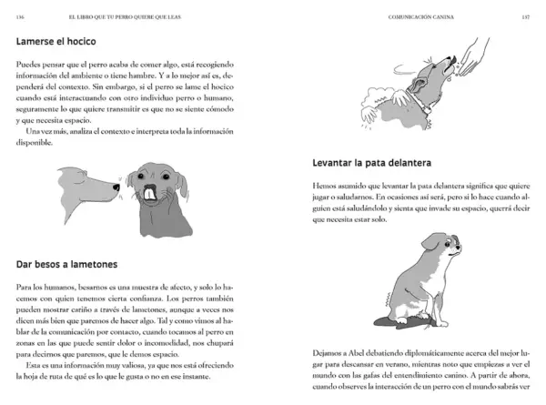 Ilustraciones de perros raros: uno se lame el hocico, otro levanta la pata y uno más da lametones.