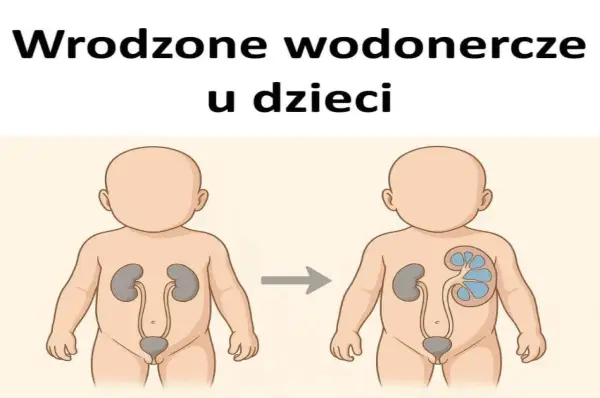 Ilustracja pokazuje rozwój wrodzonego wodonercza u noworodka. Po lewej zdrowa nerka, po prawej powiększona, z widocznymi zbiornikami moczu.