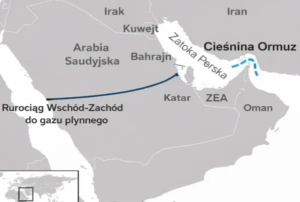 Mapa przedstawia Zatokę Perską, Cieśninę Ormuz i rurociąg do gazu płynnego.