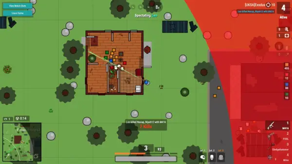 Gracz Leo w grze surviv.io walczy w domu, ma 7 zabójstw i M416. Czerwona strefa zbliża się.