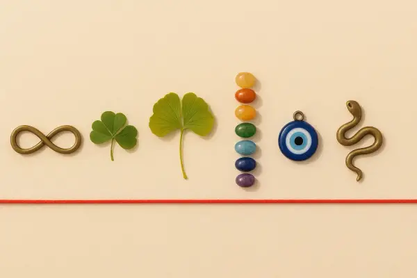 Symbole énergie spirituelle : un signe infini, un trèfle, une feuille de ginkgo, des pierres de chakra, un œil bleu et un serpent.
