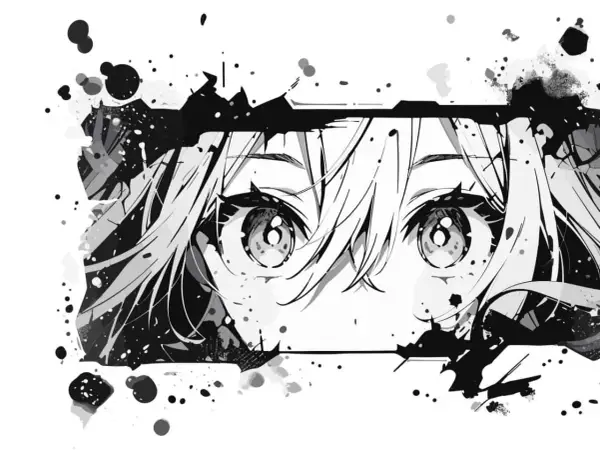 Intensywny manga rysunek przedstawiający wielkie, błyszczące oczy postaci, otoczone rozbryzgami tuszu i fragmentami twarzy.