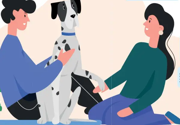 Två personer kelar med en prickig hund. En av dem säger "orkar inte gå ut med hunden".