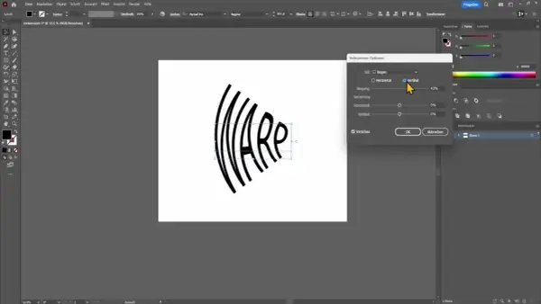 Buchstaben ineinander verschlungen in Illustrator, der Text "WARP" wird vertikal verkrümmt.
