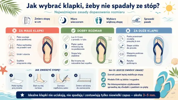 Jak dobrać rozmiar sandałów? Idealne klapki mają 3-5 mm luzu z przodu i z tyłu, nie uciskają i nie spadają.