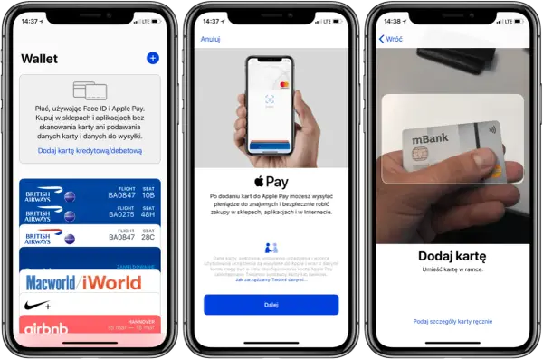 Jak dodać kartę do Apple Pay? Ekran iPhone'a pokazuje proces dodawania karty, od Wallet po skanowanie karty.
